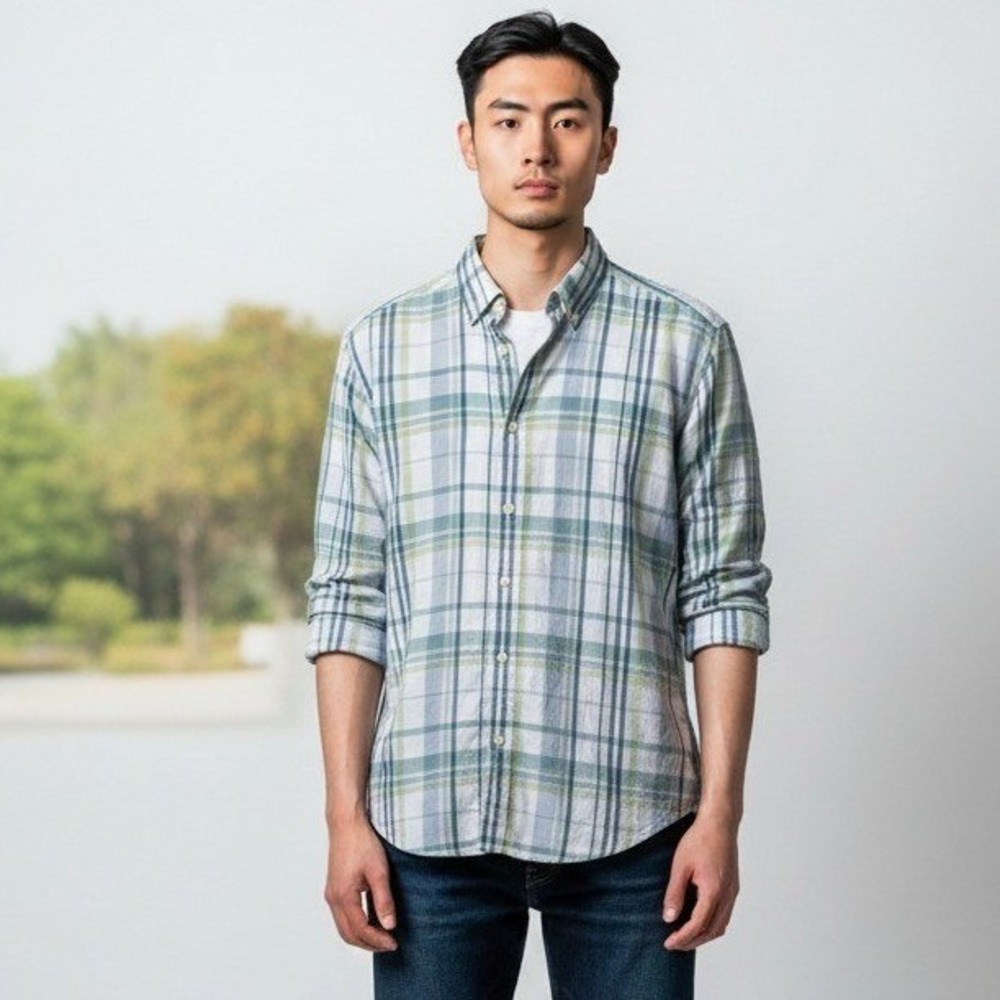 Life Khaki Haggar Mens Plaid Button Down Shirt Blue Green HW00064 336 Medium NEW